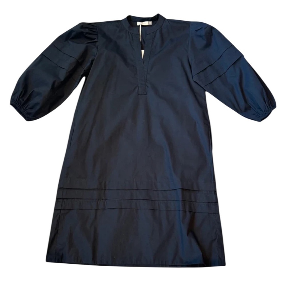 Maude Vivante Thea black cotton poplin v-neck 3/4 puff sleeve mini dress